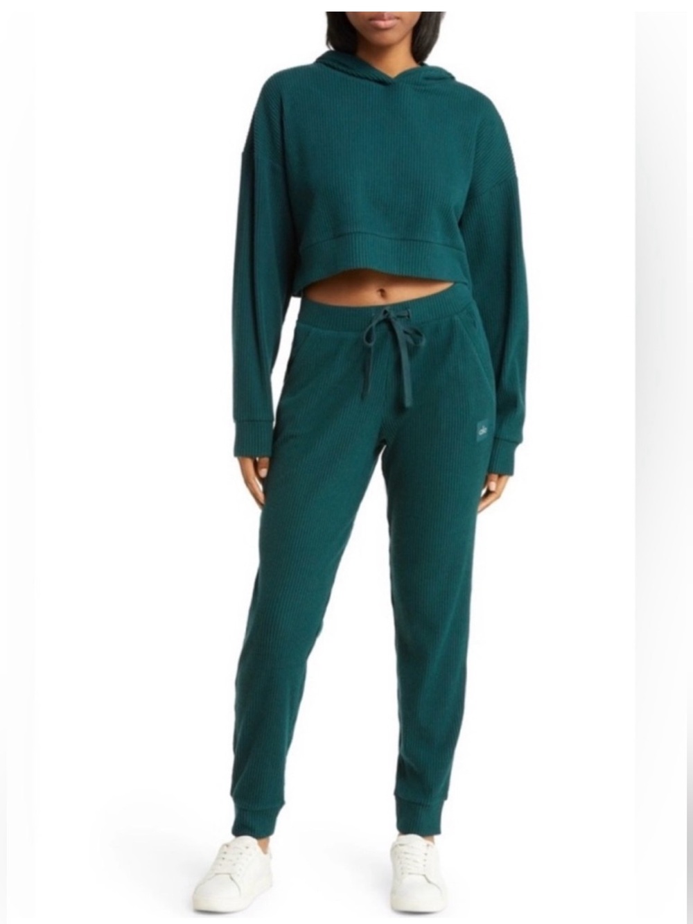 Alo Muse Set Green Ribed Cropped Hoodie and Pants Set Size Small